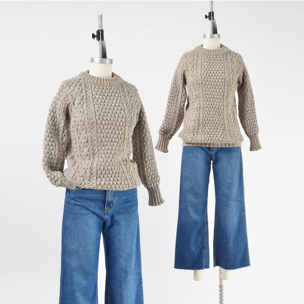 Vintage 70s Taupe Irish Wool Chunky Cable Knit Aran Fisherman Sweater XS S